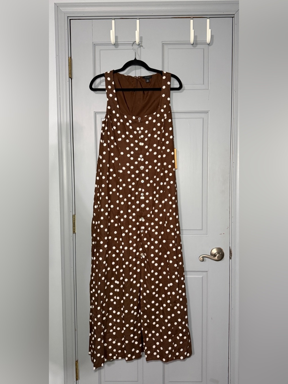 Halogen Brown Maxi Dress with White Polka Dots small flaw inside linen blend